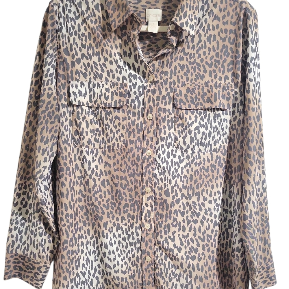 Chico's Leopard Print No-Iron Modal Blend Button Down Blouse Size 2 (Lg) Ombre - Picture 4 of 14